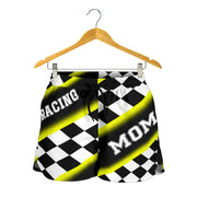 Women's Racing Mom Checkered Shorts featuring a classic black and yellow racing checkerboard pattern, an elastic waistband, and a comfortable fit.
