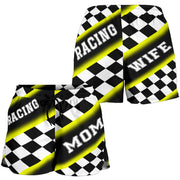 Women's Racing Mom Checkered Shorts featuring a classic black and yellow racing checkerboard pattern, an elastic waistband, and a comfortable fit.