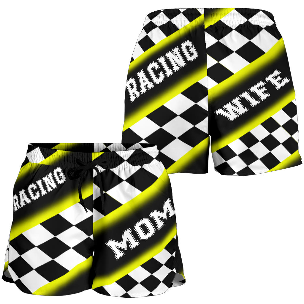 Women's Racing Mom Checkered Shorts featuring a classic black and yellow racing checkerboard pattern, an elastic waistband, and a comfortable fit.