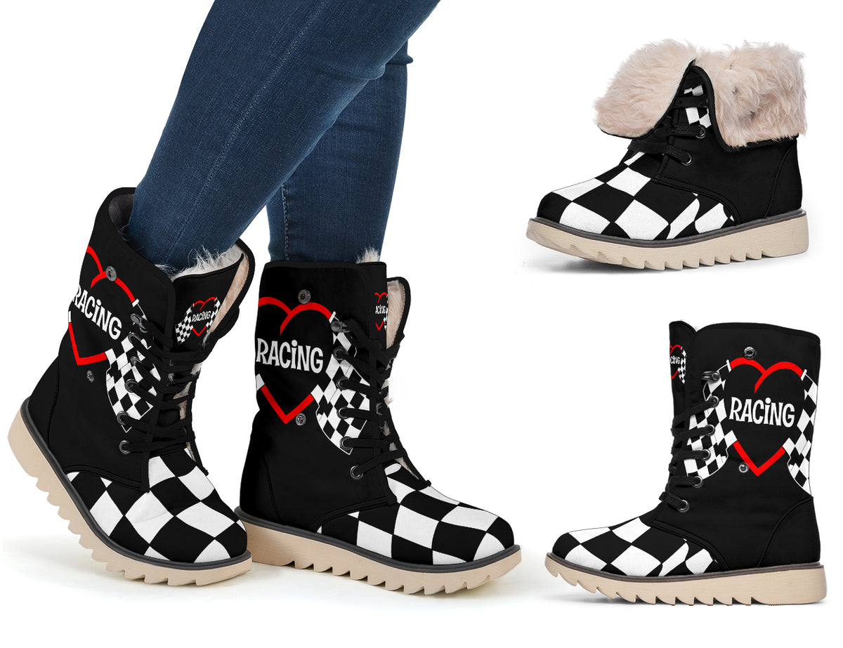 Women's checkered racing polar boots shown worn with jeans, upright and with cuffs folded to reveal cream lining.