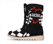 Side view of a black women's polar boot with red racing heart, checkered flags and beige sole.