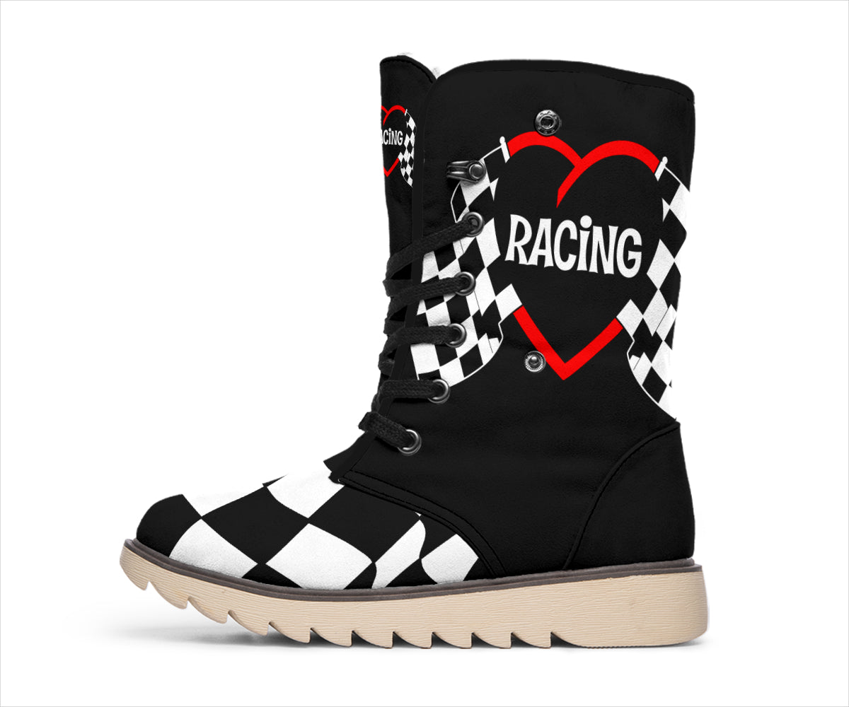 Side view of a black women's polar boot with red racing heart, checkered flags and beige sole.