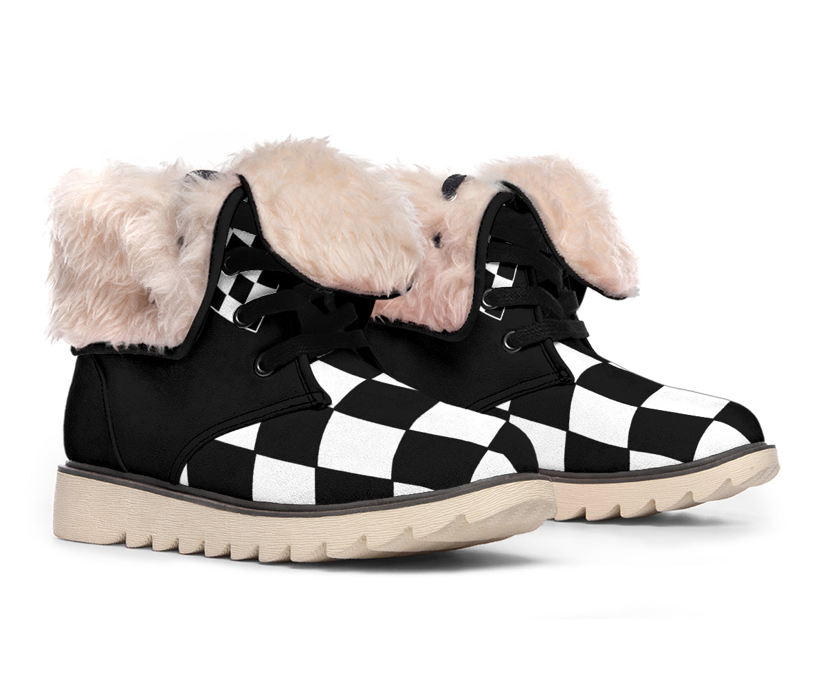 Pair of checkered racing polar boots with folded cuffs showing cream synthetic wool lining.