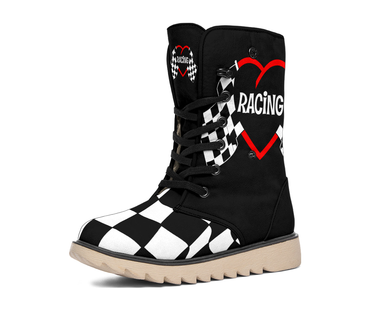Front three-quarter view of a women's racing polar boot showing checkered toe and red heart artwork.