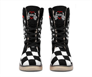 Front view of checkered racing polar boots with black laces and racing heart emblems on the tongues.