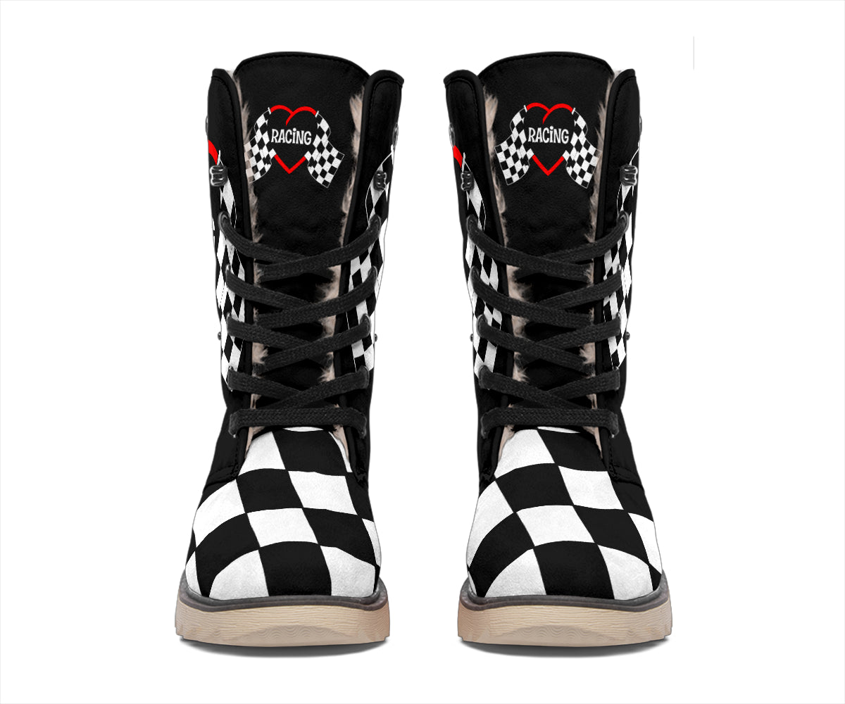Front view of checkered racing polar boots with black laces and racing heart emblems on the tongues.