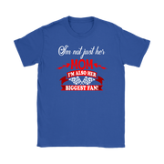 Women's apparel featuring the heart-warming "I'm Not Just Her Mom I'm Also Her Biggest Fan" slogan available in multiple styles including racerback tanks and cozy hoodies.