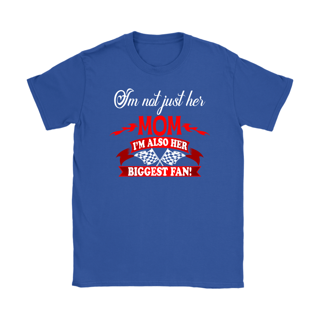 Women's apparel featuring the heart-warming "I'm Not Just Her Mom I'm Also Her Biggest Fan" slogan available in multiple styles including racerback tanks and cozy hoodies.