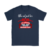 Women's apparel featuring the heart-warming "I'm Not Just Her Mom I'm Also Her Biggest Fan" slogan available in multiple styles including racerback tanks and cozy hoodies.