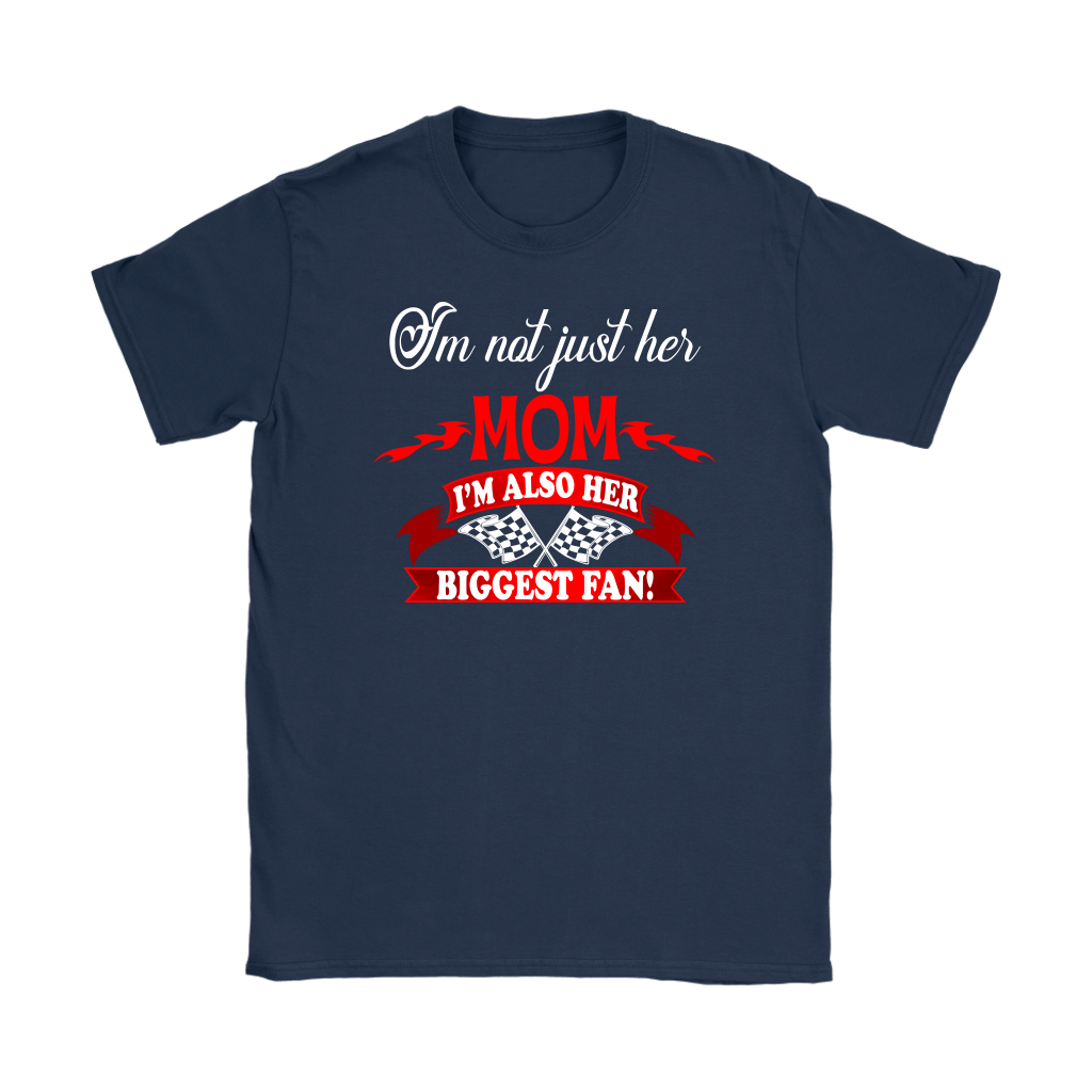 Women's apparel featuring the heart-warming "I'm Not Just Her Mom I'm Also Her Biggest Fan" slogan available in multiple styles including racerback tanks and cozy hoodies.