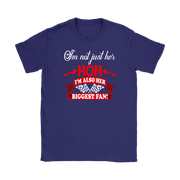 Women's apparel featuring the heart-warming "I'm Not Just Her Mom I'm Also Her Biggest Fan" slogan available in multiple styles including racerback tanks and cozy hoodies.