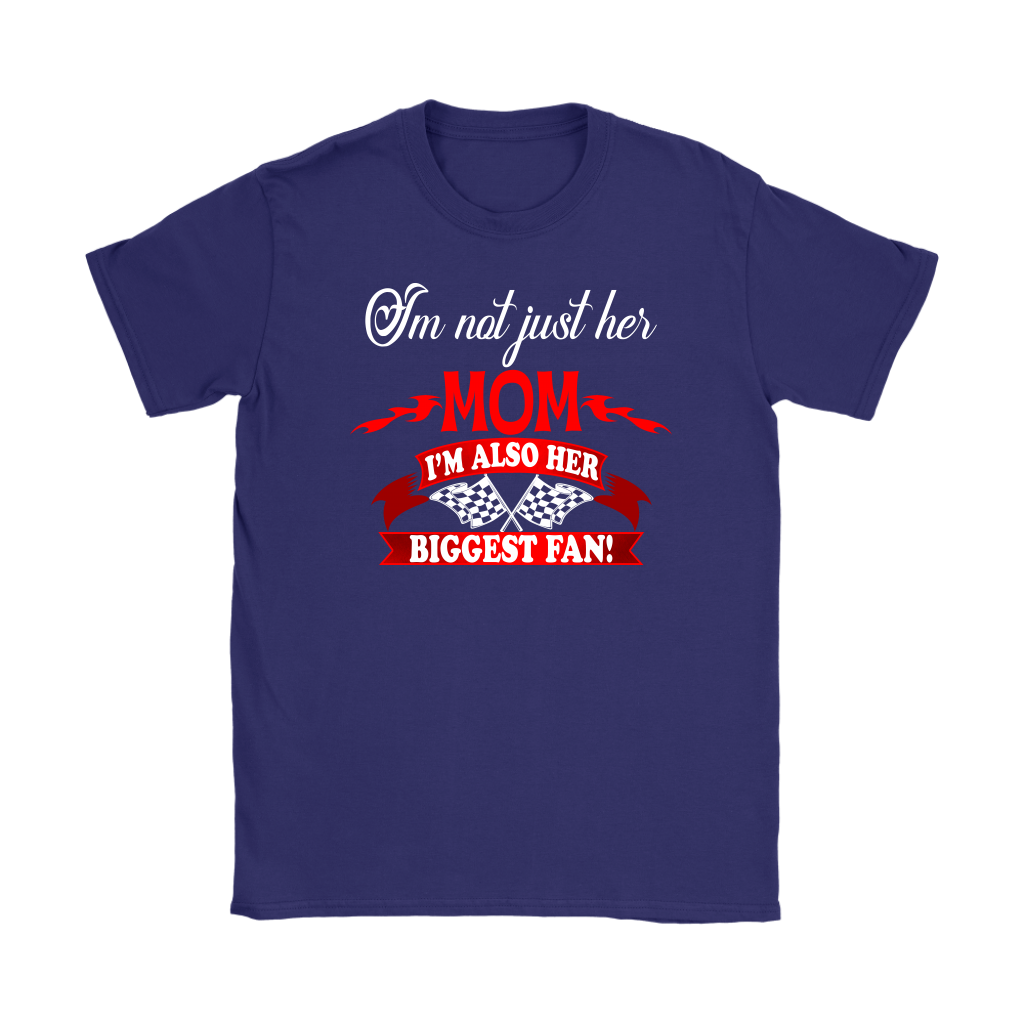 Women's apparel featuring the heart-warming "I'm Not Just Her Mom I'm Also Her Biggest Fan" slogan available in multiple styles including racerback tanks and cozy hoodies.