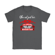 Women's apparel featuring the heart-warming "I'm Not Just Her Mom I'm Also Her Biggest Fan" slogan available in multiple styles including racerback tanks and cozy hoodies.