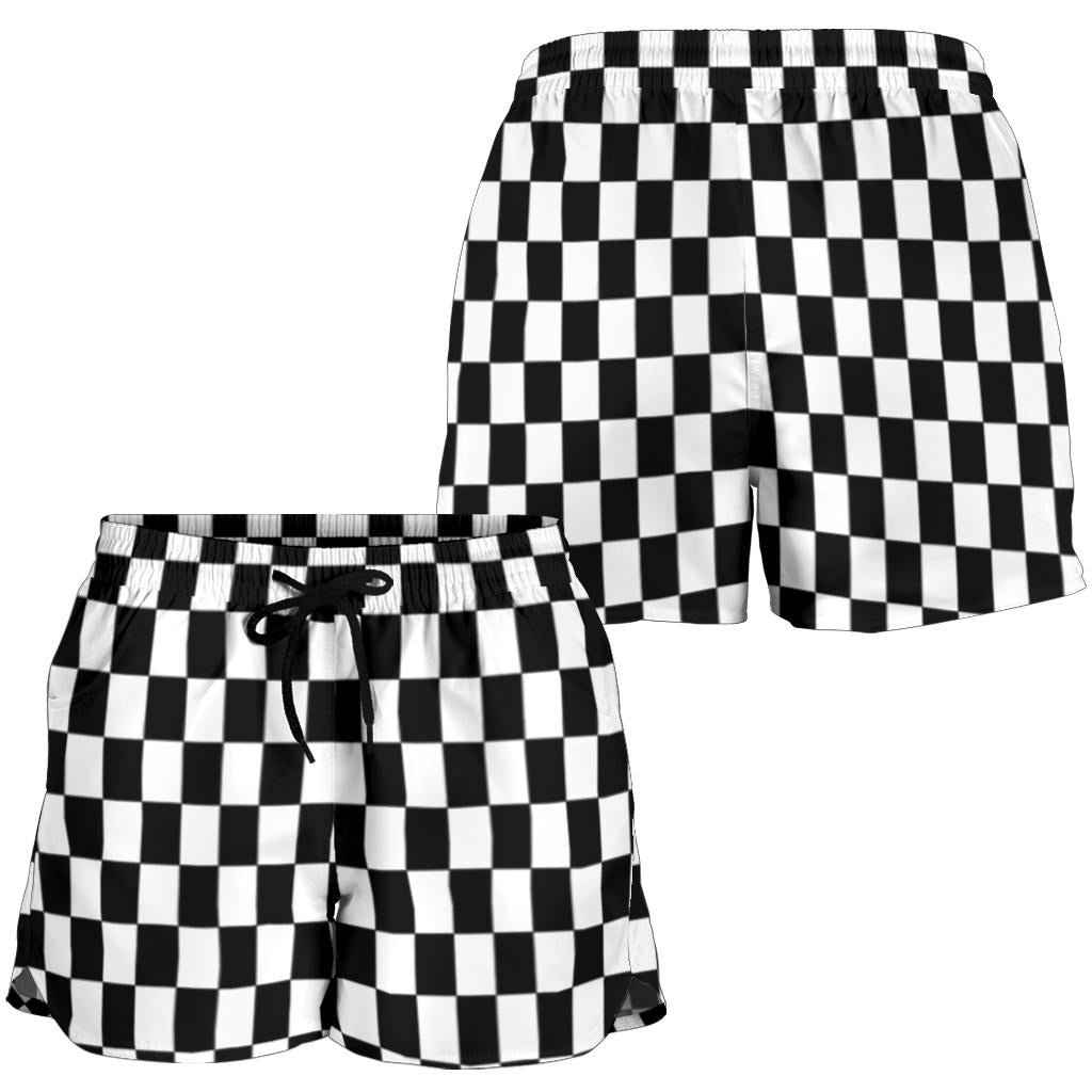 Women's high-performance athletic shorts featuring a bold black and white checkered flag pattern, designed with an elastic drawstring waist and functional side pockets.
