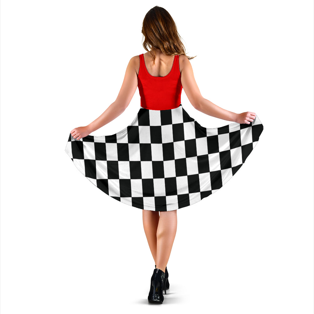 Women's midi dress featuring a mixed red and black checkered flag pattern, perfect for racing events and trackside fashion.