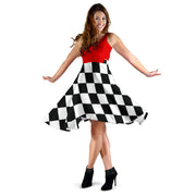 Women's midi dress featuring a mixed red and black checkered flag pattern, perfect for racing events and trackside fashion.