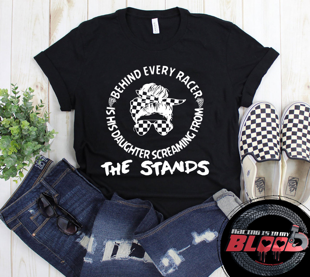 Women's motorsport apparel featuring the "Behind Every Racer Is His Daughter Screaming From The Stands" graphic, available in premium t-shirts, racerback tanks, and warm hoodies.