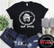 Women's motorsport apparel featuring the "Behind Every Racer Is His Wife Screaming From The Pits" design, available in premium t-shirts, racerback tanks, and cozy hoodies.