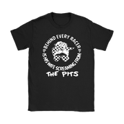 Women's motorsport apparel featuring the "Behind Every Racer Is His Wife Screaming From The Pits" design, available in premium t-shirts, racerback tanks, and cozy hoodies.