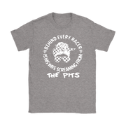 Women's motorsport apparel featuring the "Behind Every Racer Is His Wife Screaming From The Pits" design, available in premium t-shirts, racerback tanks, and cozy hoodies.
