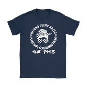 Women's motorsport apparel featuring the "Behind Every Racer Is His Wife Screaming From The Pits" design, available in premium t-shirts, racerback tanks, and cozy hoodies.