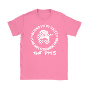 Women's motorsport apparel featuring the "Behind Every Racer Is His Wife Screaming From The Pits" design, available in premium t-shirts, racerback tanks, and cozy hoodies.