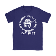 Women's motorsport apparel featuring the "Behind Every Racer Is His Wife Screaming From The Pits" design, available in premium t-shirts, racerback tanks, and cozy hoodies.
