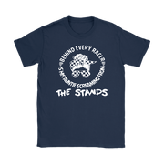Women's motorsport apparel featuring the bold "Behind Every Racer Is His Auntie Screaming From The Stands" graphic, available in premium t-shirts, tanks, and hoodies.