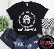 Women's motorsport apparel featuring the bold "Behind Every Racer Is His Sister Screaming From The Stands" graphic, available in premium t-shirts, tanks, and hoodies.