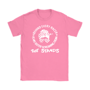 Women's motorsport apparel featuring the bold "Behind Every Racer Is His Sister Screaming From The Stands" graphic, available in premium t-shirts, tanks, and hoodies.