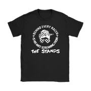 Women's racing t-shirt with the bold text "Behind Every Racer Is His Wife Screaming From The Stands" available in multiple styles including racerback tanks and hoodies.