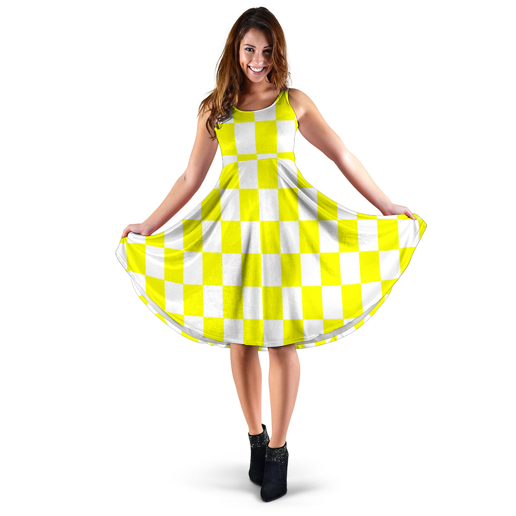 Yellow Racing Checkered Flag Dress with pockets and high-cut neckline.