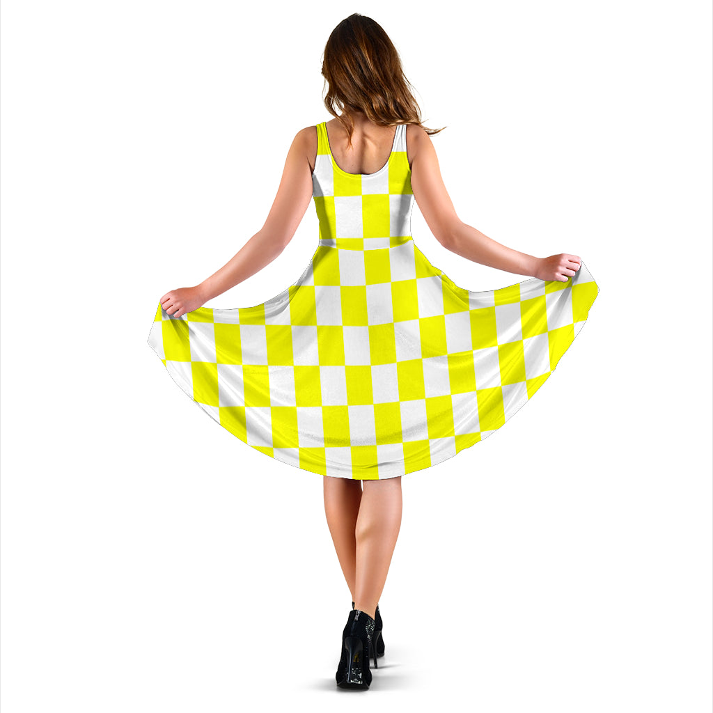 Yellow Racing Checkered Flag Dress with pockets and high-cut neckline.