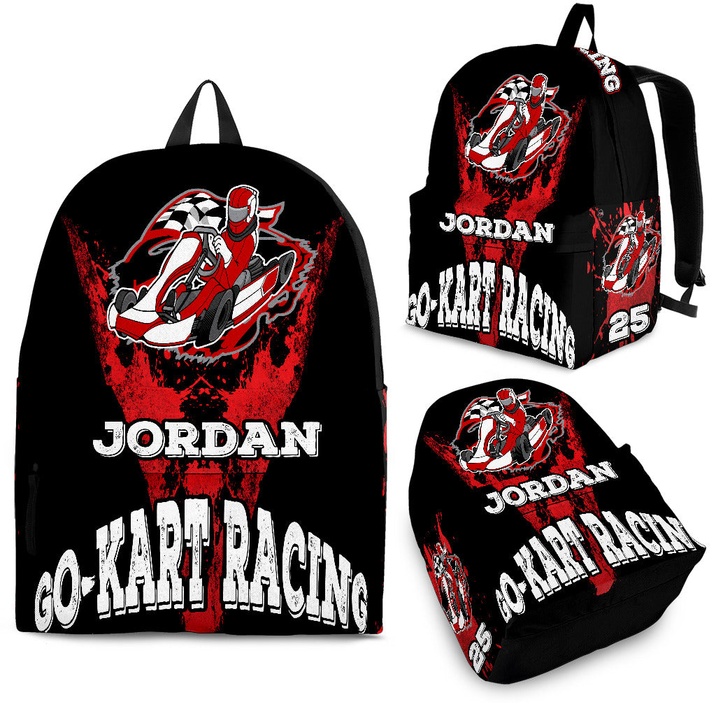 A fully personalized custom kart racing backpack displaying the name "Jordan" and the racing number "N25" in bold, dynamic motorsport typography, featuring heavy-duty black zippers, thick padded ergonomic shoulder straps, and a front utility pocket, isolated on a clean white background.