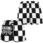 Custom personalized women's racing shorts featuring a black and white checkered flag pattern for trackside motorsports fans.