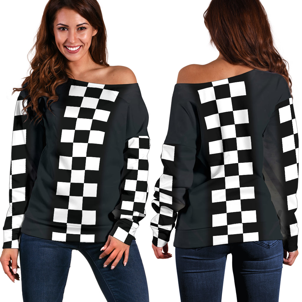 Racing Checkered Mixed Off Shoulder Sweater
