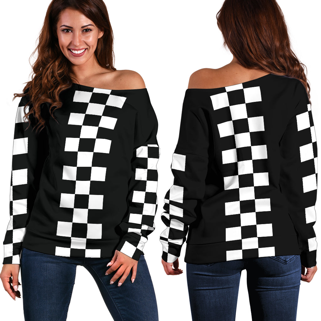 Racing Checkered Black Off Shoulder Sweater