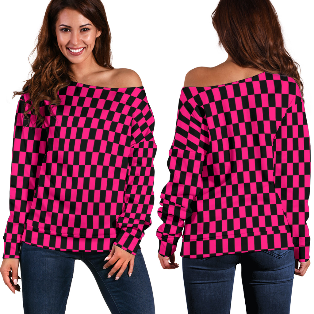 Racing Checkered Flag Off Shoulder Sweater Pink