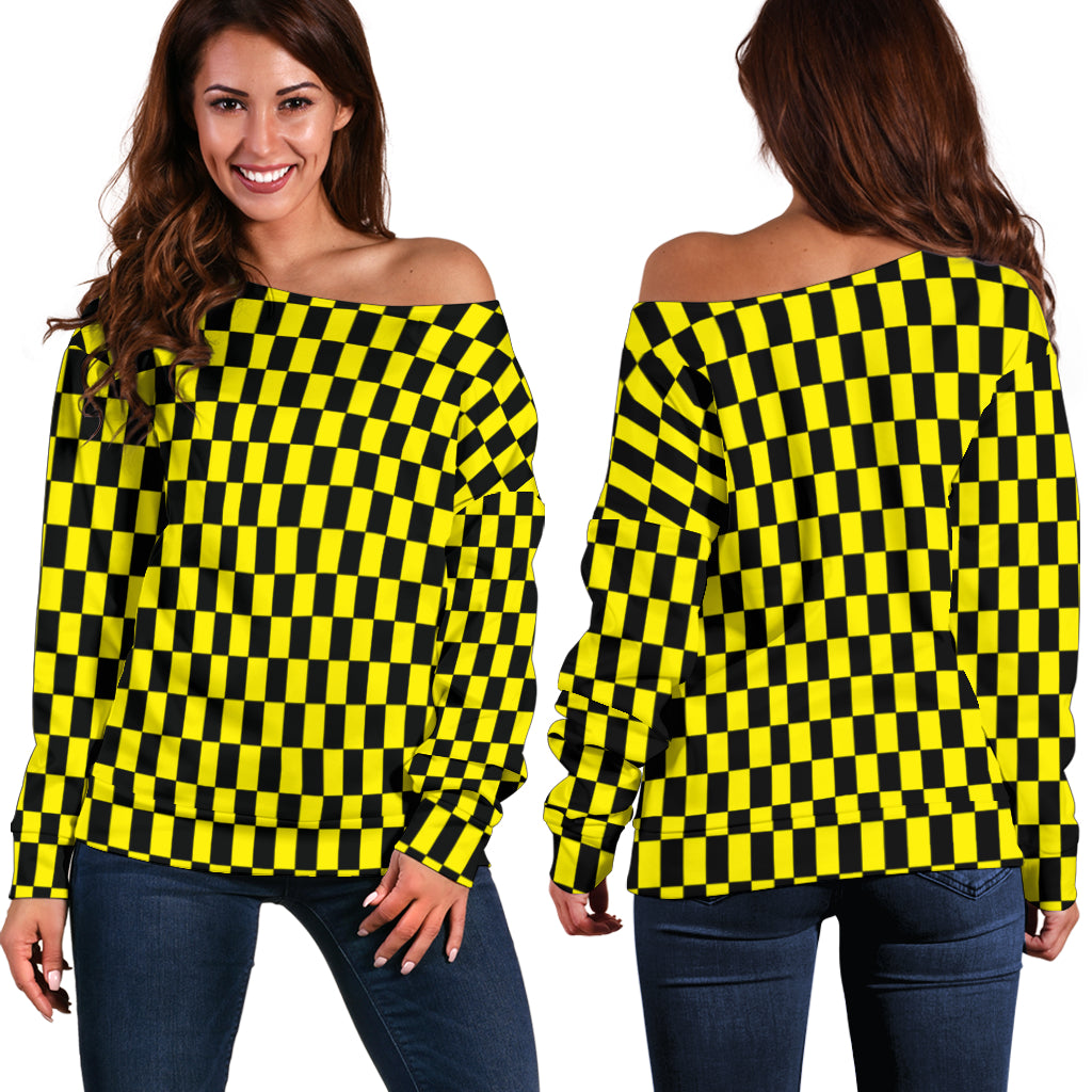 Racing Checkered Flag Off Shoulder Sweater Yellow