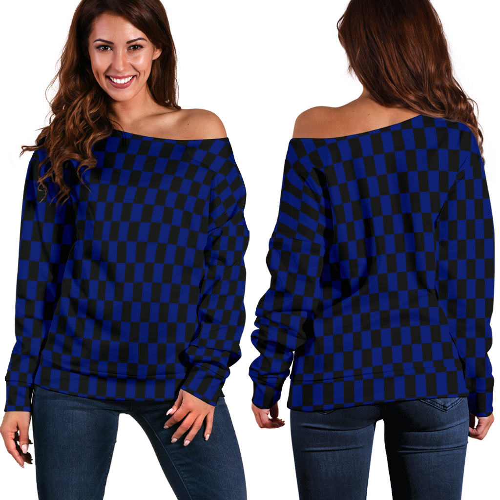 Racing Checkered Flag Off Shoulder Sweater Blue