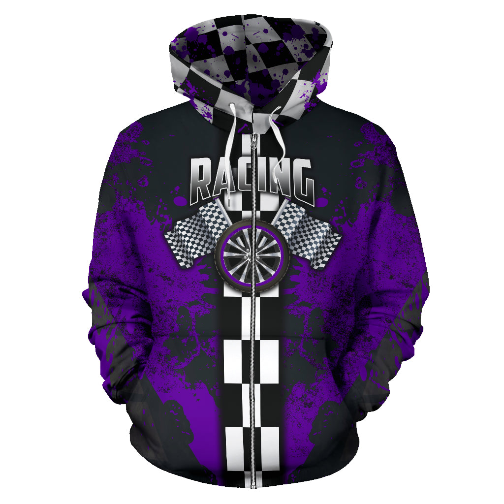 Racing All Over Print Zip Up Hoodie Purple