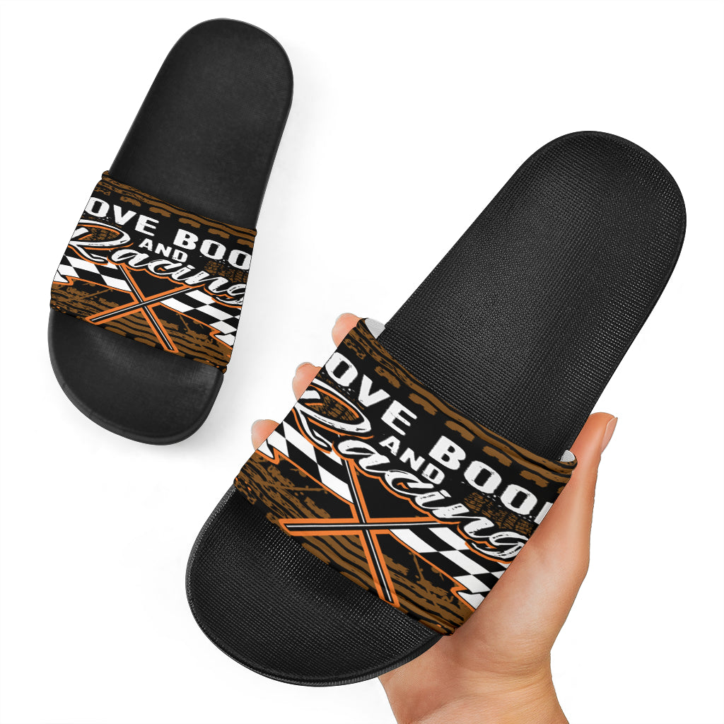 I Love Boobs And Racing Slide Sandals Black