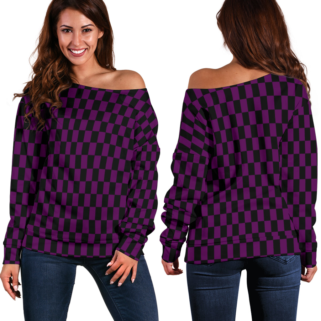 Racing Checkered Flag  Off Shoulder Sweater Purple