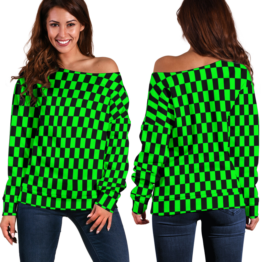 Racing Checkered Flag Off Shoulder Sweater Pistachio