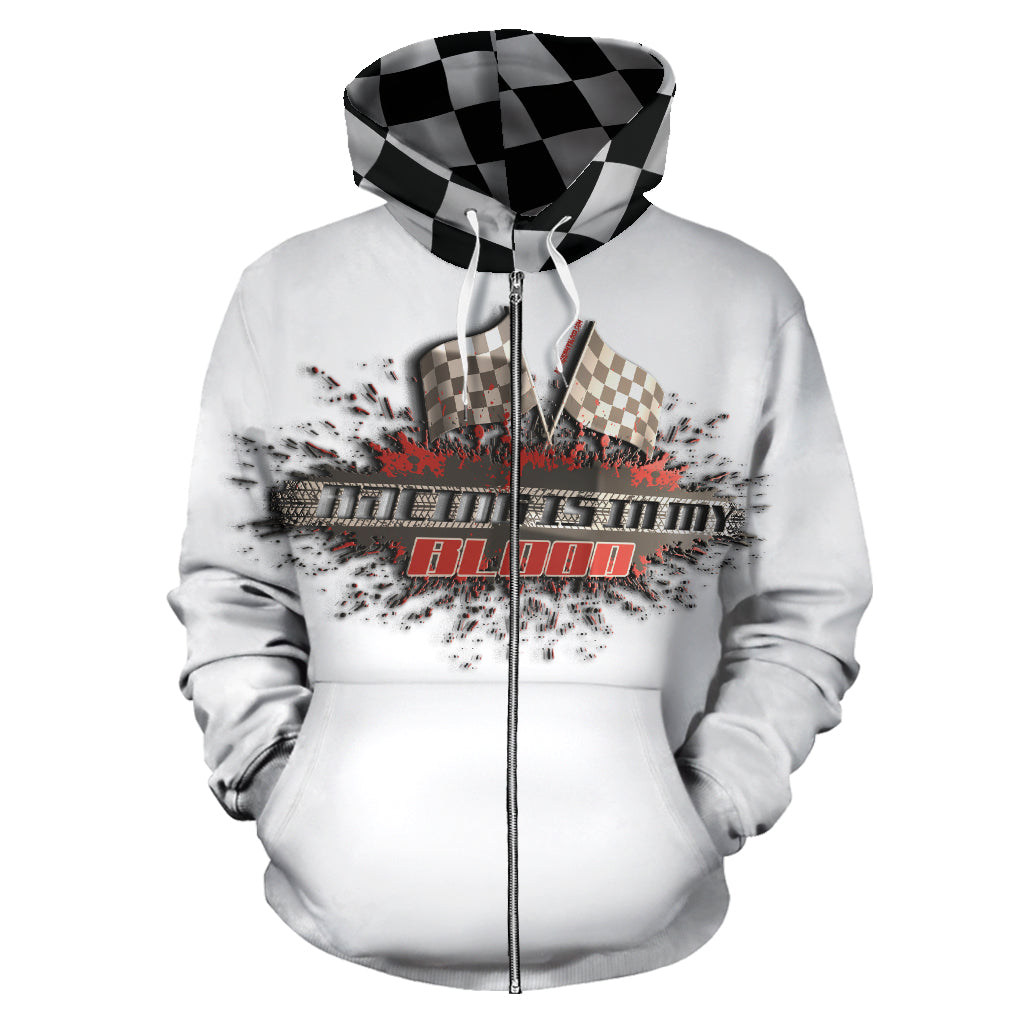 Racing Is In My Blood All Over Print Zip Up Hoodie White