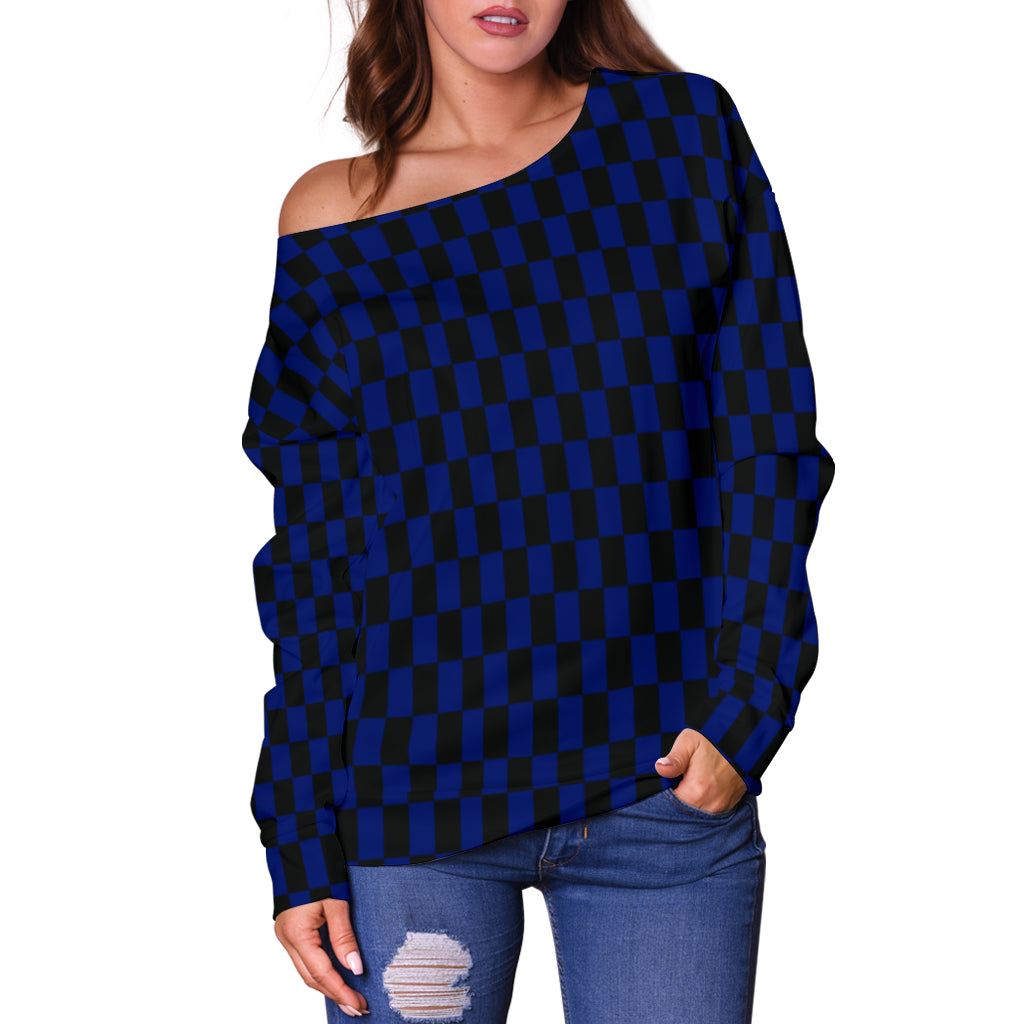 Racing Checkered Flag Off Shoulder Sweater Blue