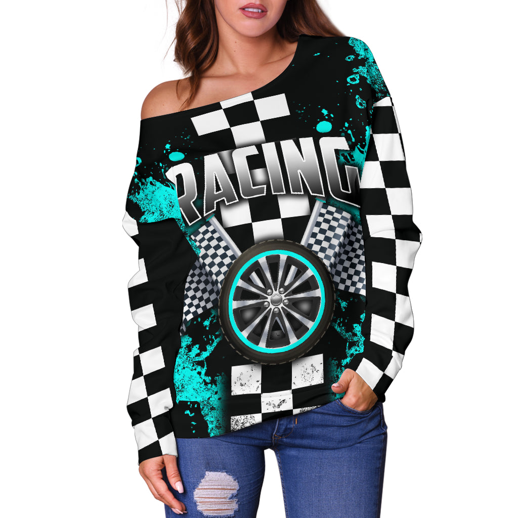 Racing Carolina Blue Off Shoulder Sweater