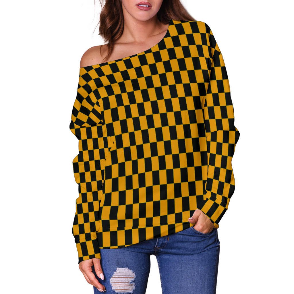 Racing Checkered Flag Off Shoulder Sweater Orange