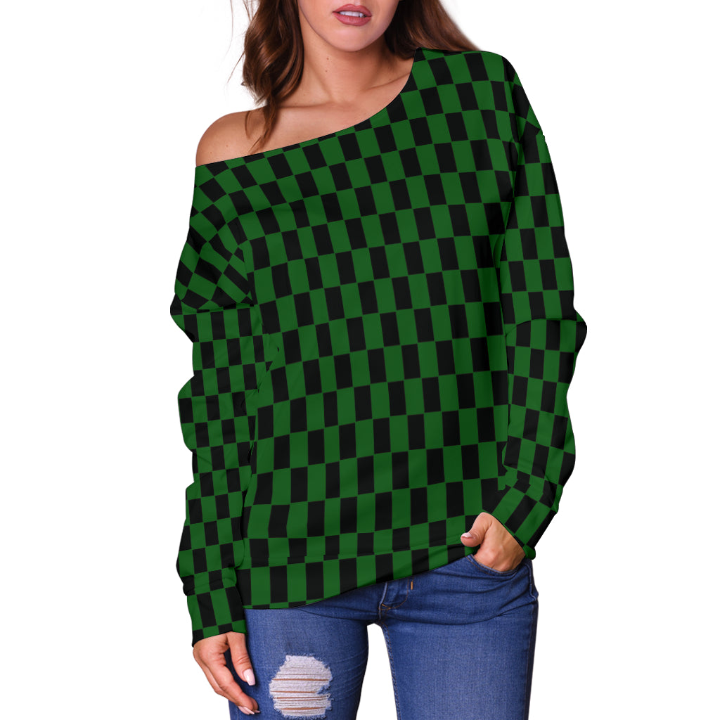 Racing Checkered Flag Off Shoulder Sweater Green