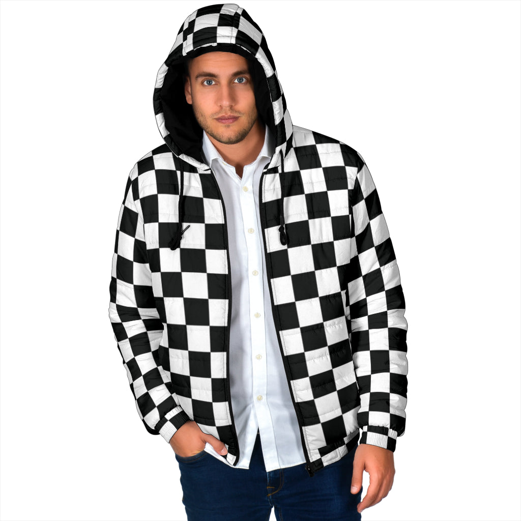 Racing checkered padded hooded jacket